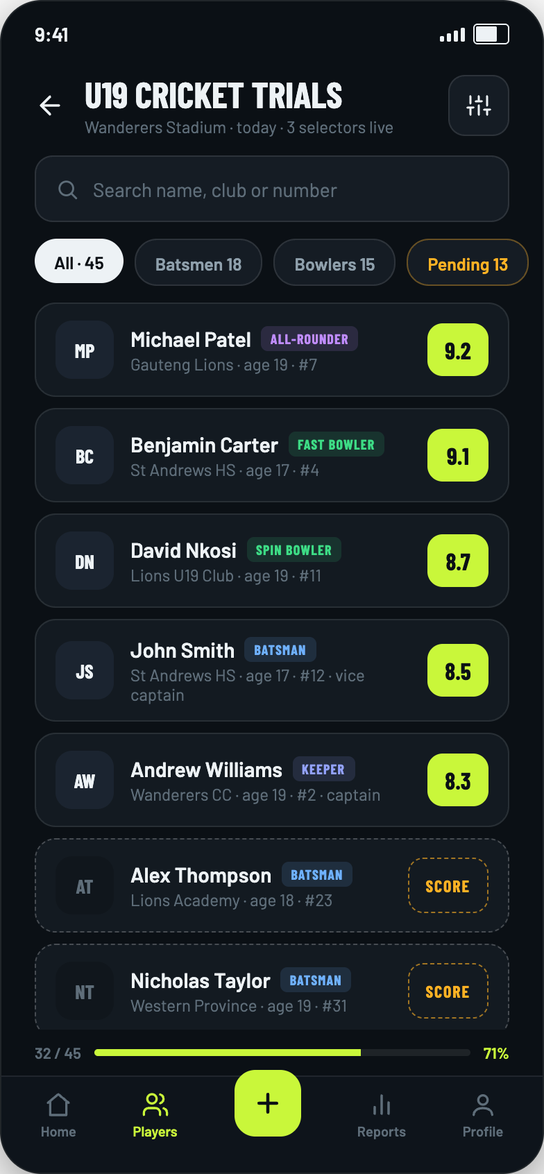 Player list screen