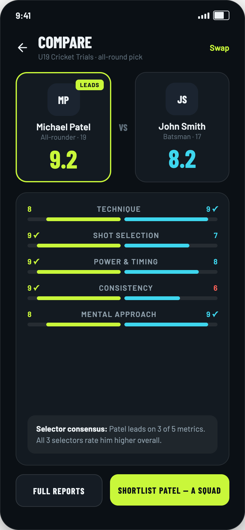 Compare players screen