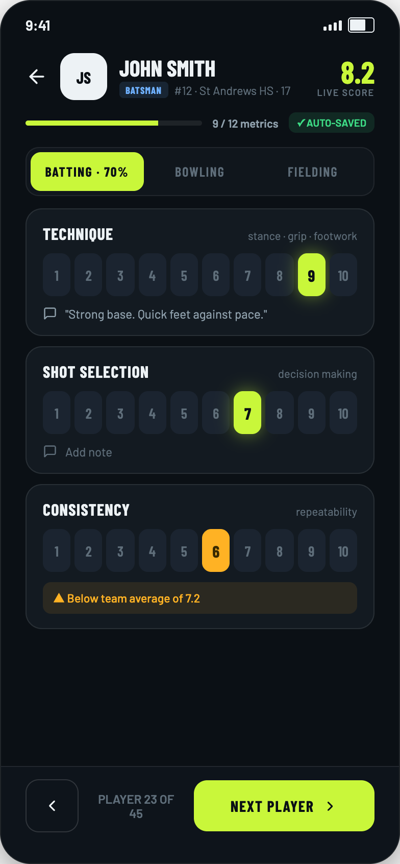 Evaluate player — tap-chip scoring, dark mode