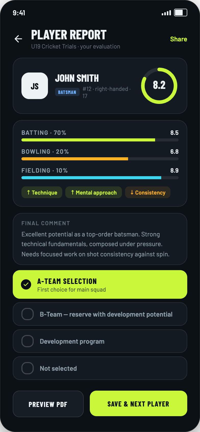 Player summary and recommendation screen